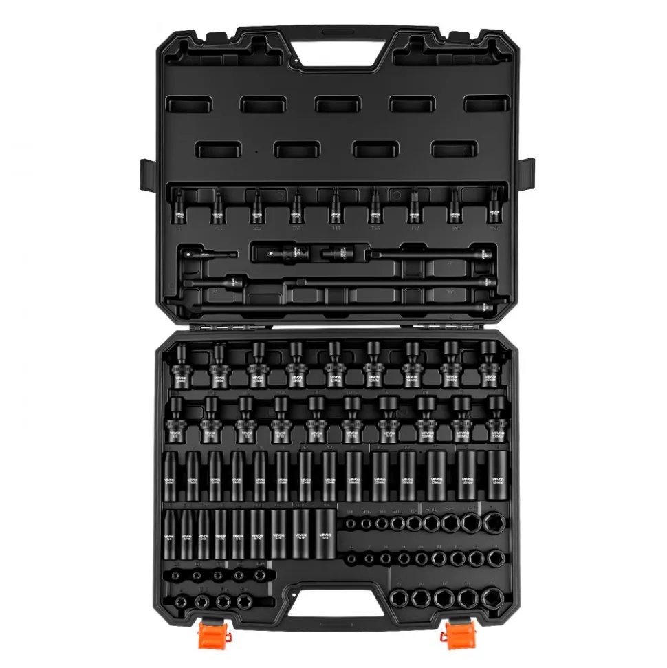VEVOR Impact Socket Set, 3/8" Drive, 90-Piece Socket Set, 6 Point Sockets, SAE 1/4"-3/4" and Metric 6-19 mm, Easy to Identify, with Adapters, Sturdy Storage Case, Cr-Mo Alloy Steel for Vehicles Repair
