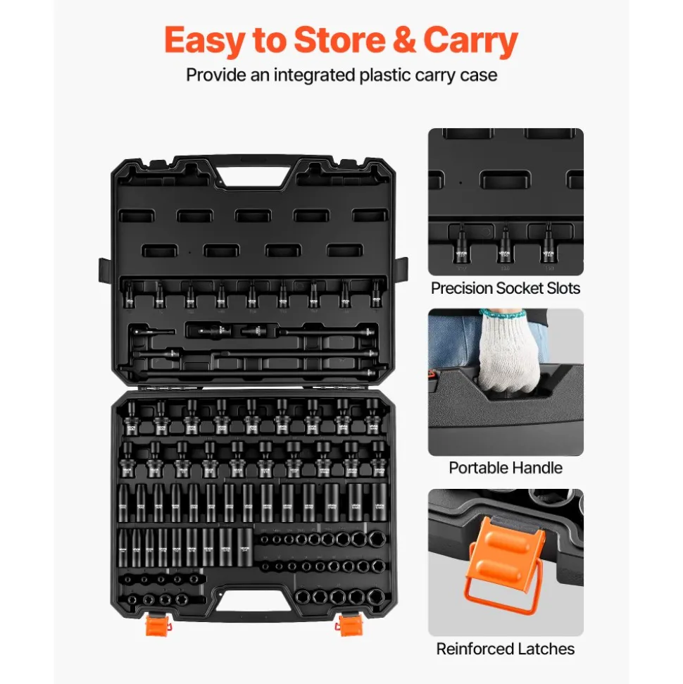 VEVOR Impact Socket Set, 3/8" Drive, 90-Piece Socket Set, 6 Point Sockets, SAE 1/4"-3/4" and Metric 6-19 mm, Easy to Identify, with Adapters, Sturdy Storage Case, Cr-Mo Alloy Steel for Vehicles Repair