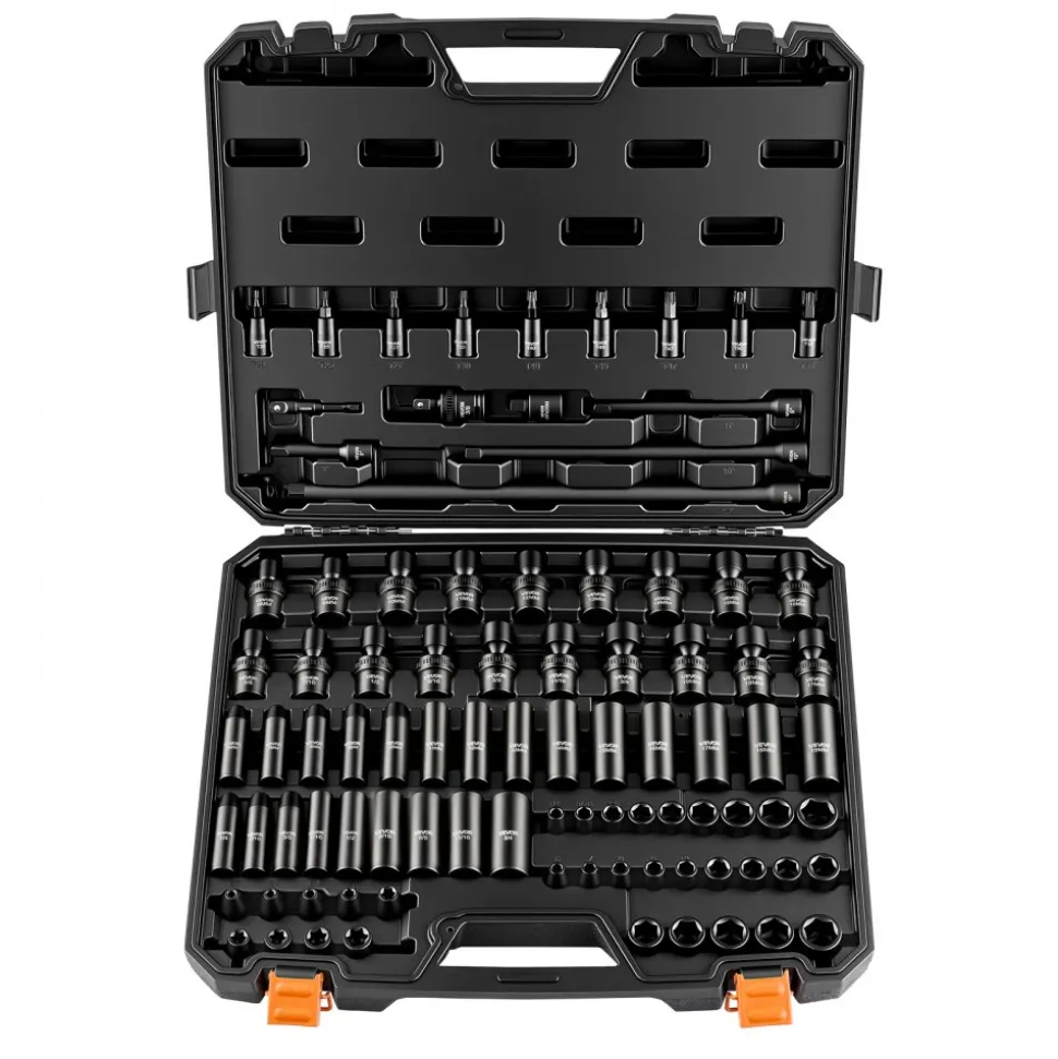 VEVOR Impact Socket Set, 3/8" Drive, 90-Piece Socket Set, 6 Point Sockets, SAE 1/4"-3/4" and Metric 6-19 mm, Easy to Identify, with Adapters, Sturdy Storage Case, Cr-Mo Alloy Steel for Vehicles Repair