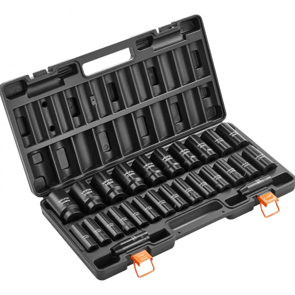 VEVOR Impact Socket Set, 1/2" Drive, 26-Piece Impact Sockets, 6-Point Sockets, Metric 10-30 mm, 32-36 mm, Easy to Identify, with a Sturdy Storage Case, Cr-V Alloy Steel Structure, for Vehicles Repair