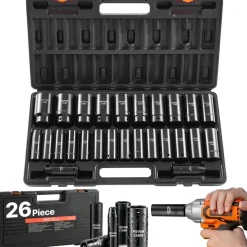 VEVOR Impact Socket Set, 1/2" Drive, 26-Piece Impact Sockets, 6-Point Sockets, Metric 10-30 mm, 32-36 mm, Easy to Identify, with a Sturdy Storage Case, Cr-V Alloy Steel Structure, for Vehicles Repair