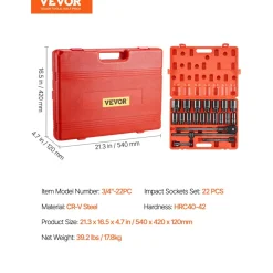 VEVOR Impact Socket Set 3/4 Inches 22 Piece Deep Impact Sockets, Socket Assortment 3/4 Inches Drive Socket Set Impact Standard SAE Sizes 7/8 Inches to 2 Inches Includes Adapters and Ratchet Handle