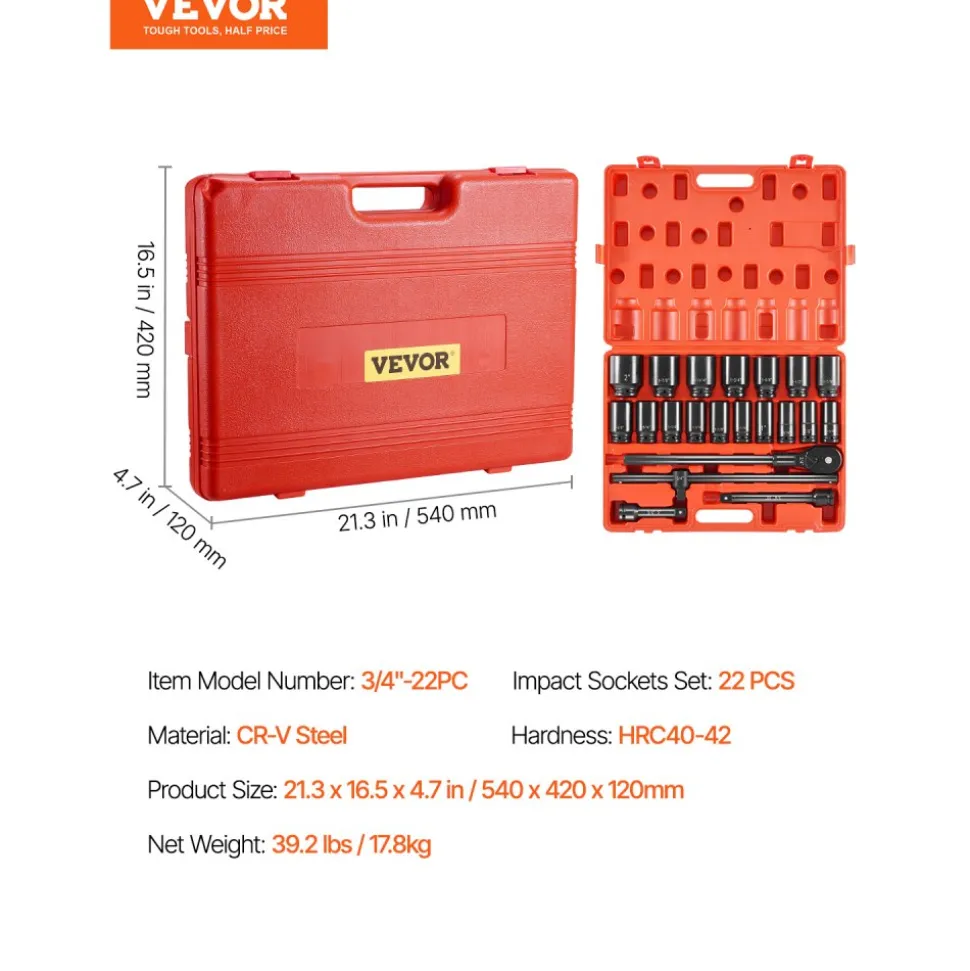 VEVOR Impact Socket Set 3/4 Inches 22 Piece Deep Impact Sockets, Socket Assortment 3/4 Inches Drive Socket Set Impact Standard SAE Sizes 7/8 Inches to 2 Inches Includes Adapters and Ratchet Handle