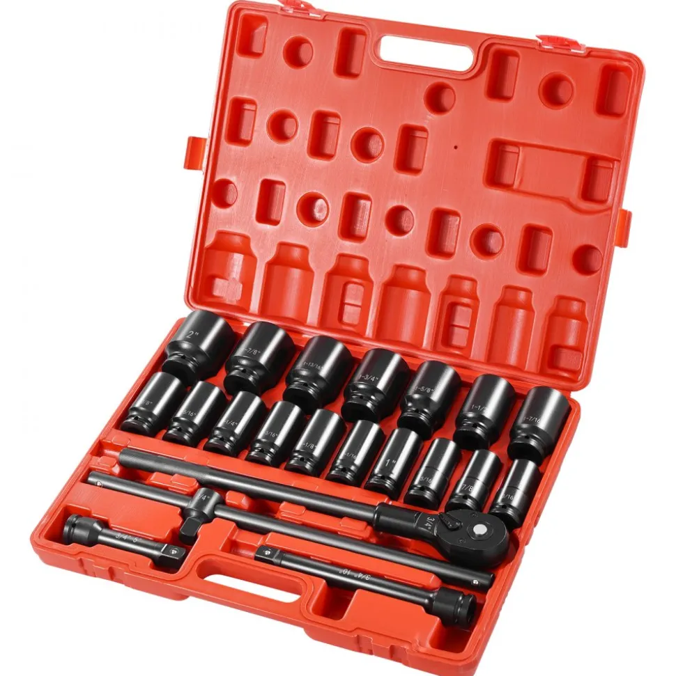 VEVOR Impact Socket Set 3/4 Inches 22 Piece Deep Impact Sockets, Socket Assortment 3/4 Inches Drive Socket Set Impact Standard SAE Sizes 7/8 Inches to 2 Inches Includes Adapters and Ratchet Handle