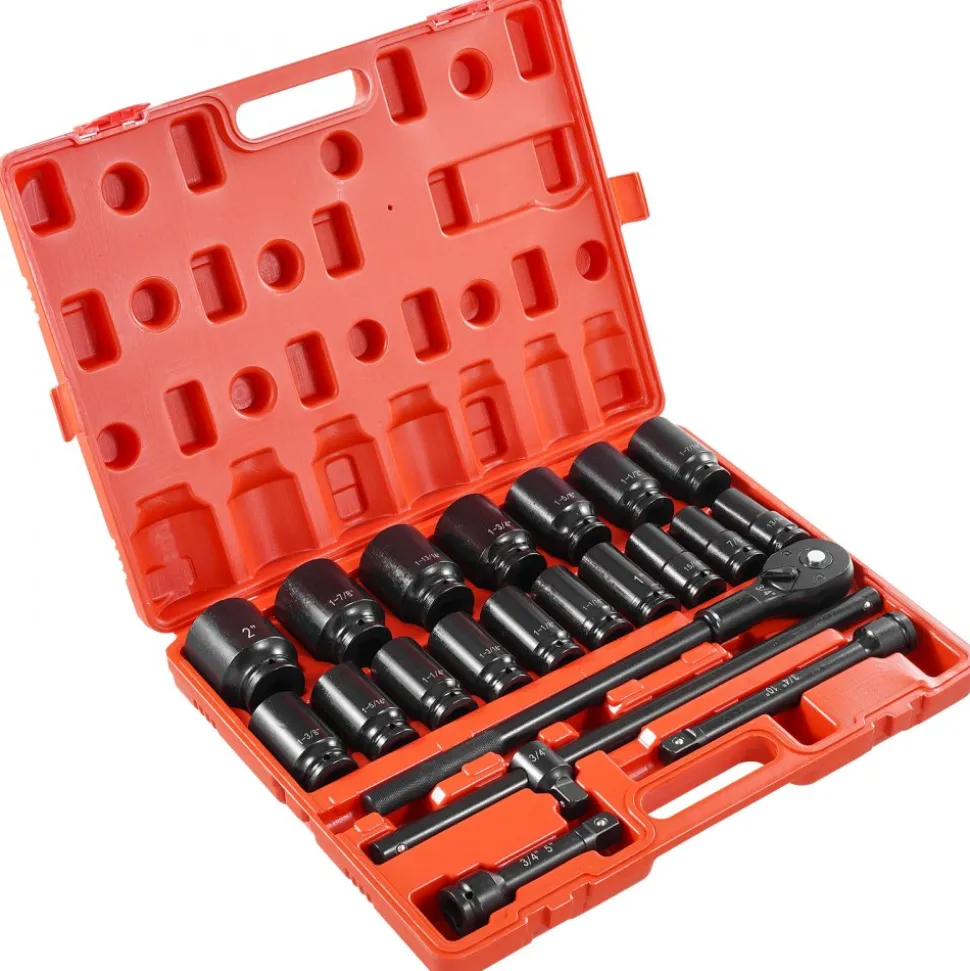 VEVOR Impact Socket Set 3/4 Inches 22 Piece Deep Impact Sockets, Socket Assortment 3/4 Inches Drive Socket Set Impact Standard SAE Sizes 7/8 Inches to 2 Inches Includes Adapters and Ratchet Handle