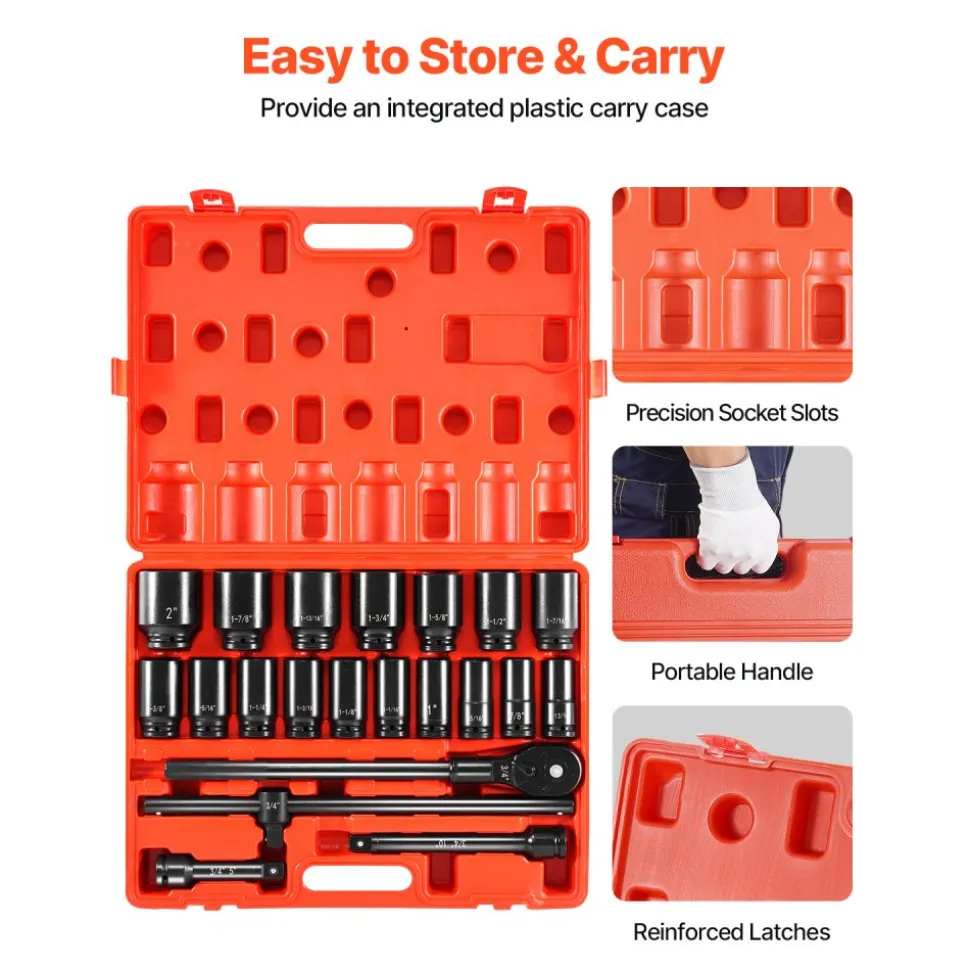 VEVOR Impact Socket Set 3/4 Inches 22 Piece Deep Impact Sockets, Socket Assortment 3/4 Inches Drive Socket Set Impact Standard SAE Sizes 7/8 Inches to 2 Inches Includes Adapters and Ratchet Handle