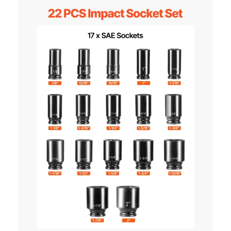 VEVOR Impact Socket Set 3/4 Inches 22 Piece Deep Impact Sockets, Socket Assortment 3/4 Inches Drive Socket Set Impact Standard SAE Sizes 7/8 Inches to 2 Inches Includes Adapters and Ratchet Handle