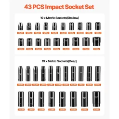 VEVOR Impact Socket Set 1/2 Inches 43 Piece Impact Sockets, Standard Socket Assortment, 1/2 Inches Drive Socket Set 6-Point Sockets Metric 9-30mm (Standard/Deep)