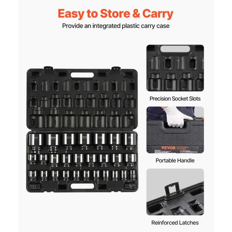 VEVOR Impact Socket Set 3/4 Inches 29 Piece Impact Sockets, 6-Point Sockets, Rugged Construction, CR-M0, 3/4 Inches Drive Socket Set Impact SAE 3/4 inch - 2-1/2 inch, with a Storage Cage