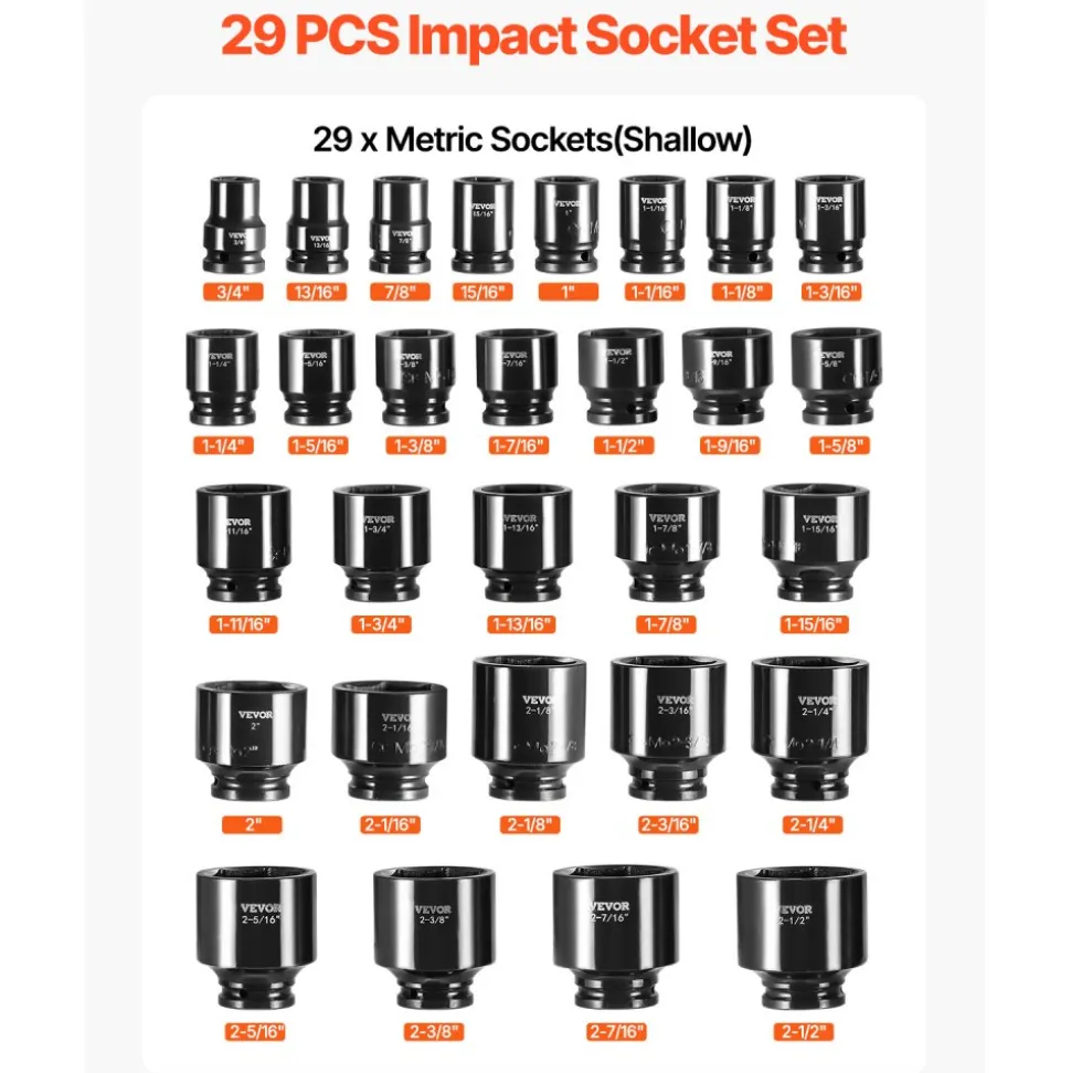 VEVOR Impact Socket Set 3/4 Inches 29 Piece Impact Sockets, 6-Point Sockets, Rugged Construction, CR-M0, 3/4 Inches Drive Socket Set Impact SAE 3/4 inch - 2-1/2 inch, with a Storage Cage