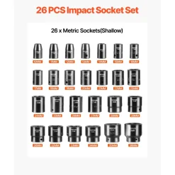VEVOR Impact Socket Set 1/2 Inches 26 Piece Impact Sockets, Shallow Socket, 6-Point Sockets, Rugged Construction, CR-V, 1/2 Inches Drive Socket Set Impact Metric 10mm - 36mm, with a Storage Cage