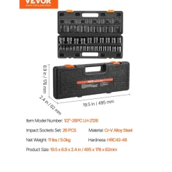 VEVOR Impact Socket Set 1/2 Inches 26 Piece Impact Sockets, Shallow Socket, 6-Point Sockets, Rugged Construction, CR-V, 1/2 Inches Drive Socket Set Impact Metric 10mm - 36mm, with a Storage Cage