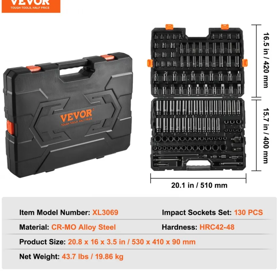 VEVOR Impact Socket Set 130 Piece 3/8" & 1/2" - SAE & Metric Drive Socket Set - 6 Point Cr-Mo Alloy Steel for Auto Repair - Easy-to-Read Size Markings - Includes Storage Case