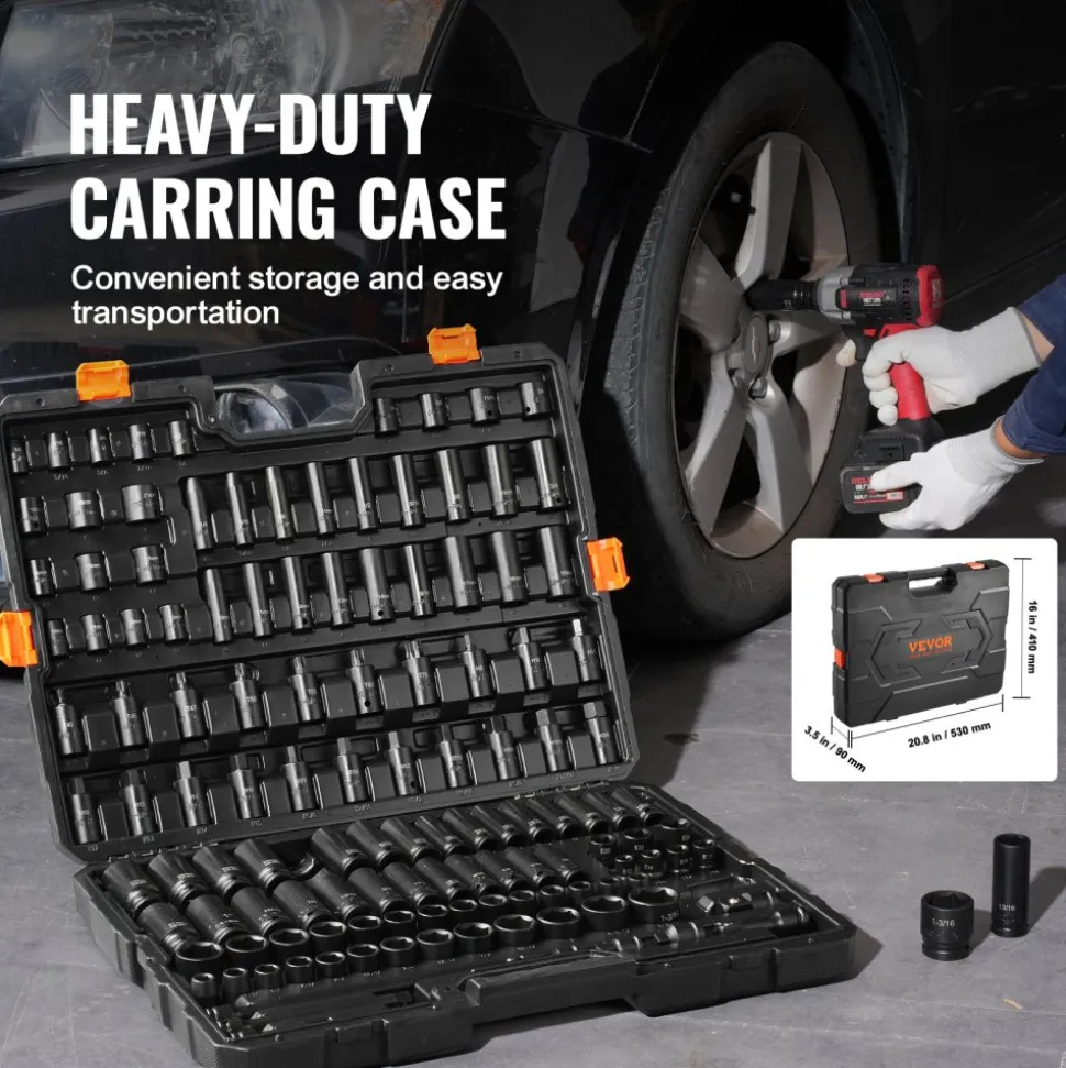 VEVOR Impact Socket Set 130 Piece 3/8" & 1/2" - SAE & Metric Drive Socket Set - 6 Point Cr-Mo Alloy Steel for Auto Repair - Easy-to-Read Size Markings - Includes Storage Case