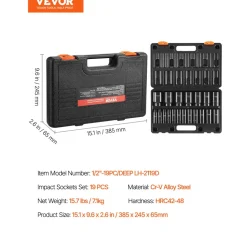 VEVOR Impact Socket Set, 1/2" 19 Piece Impact Sockets, Deep Socket, 6-Point Sockets, 1/2 Inches Drive Socket Set Impact 3/8 inch - 1-1/2 inch, Cr-V Rugged Construction, with a Storage Cage
