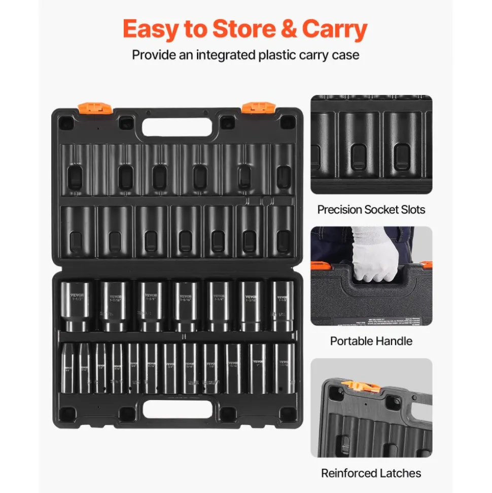 VEVOR Impact Socket Set, 1/2" 19 Piece Impact Sockets, Deep Socket, 6-Point Sockets, 1/2 Inches Drive Socket Set Impact 3/8 inch - 1-1/2 inch, Cr-V Rugged Construction, with a Storage Cage