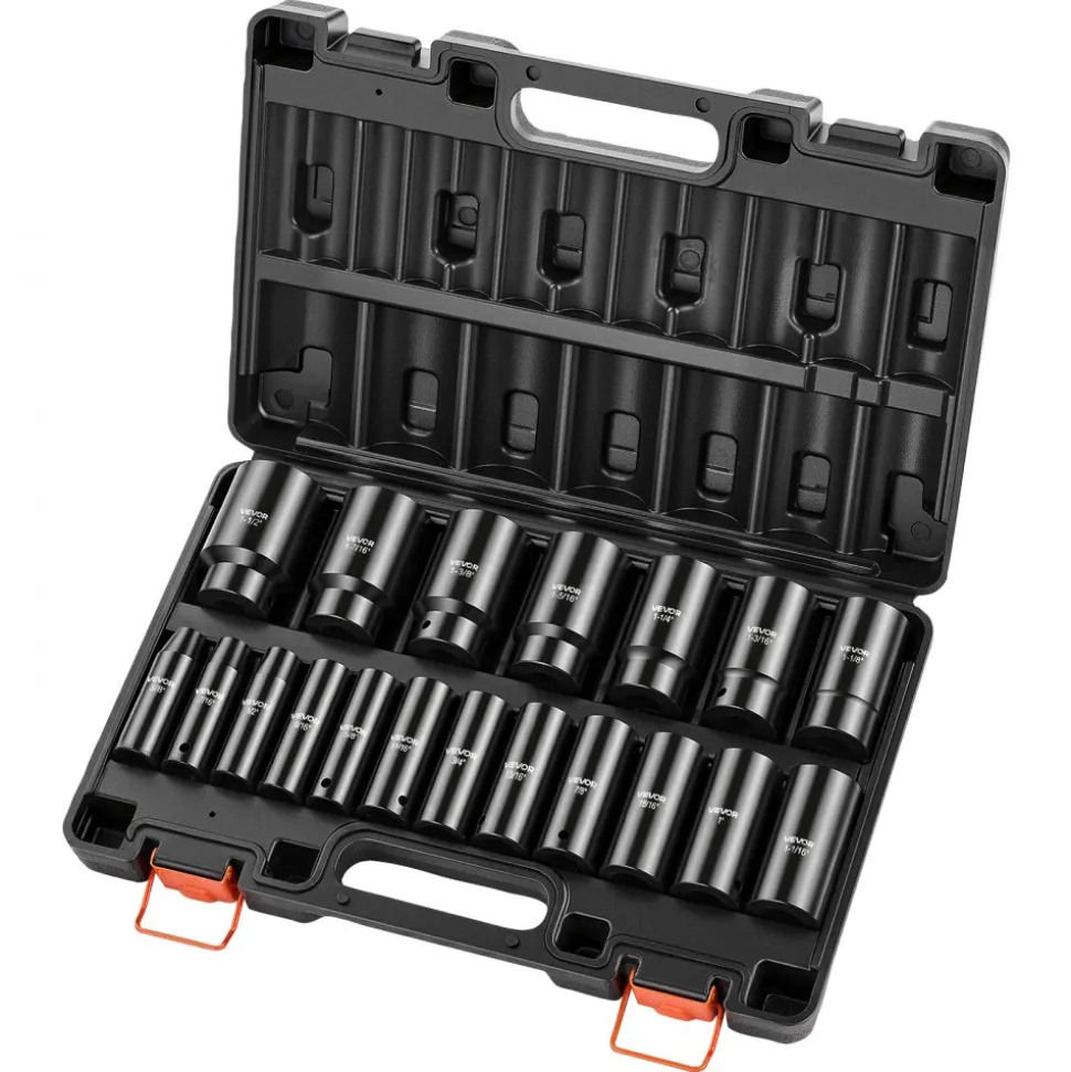 VEVOR Impact Socket Set, 1/2" 19 Piece Impact Sockets, Deep Socket, 6-Point Sockets, 1/2" Drive Set 3/8" to 1-1/2", Cr-V Rugged Construction, Easy to Identify, with a Sturdy Storage Case, for Vehicles