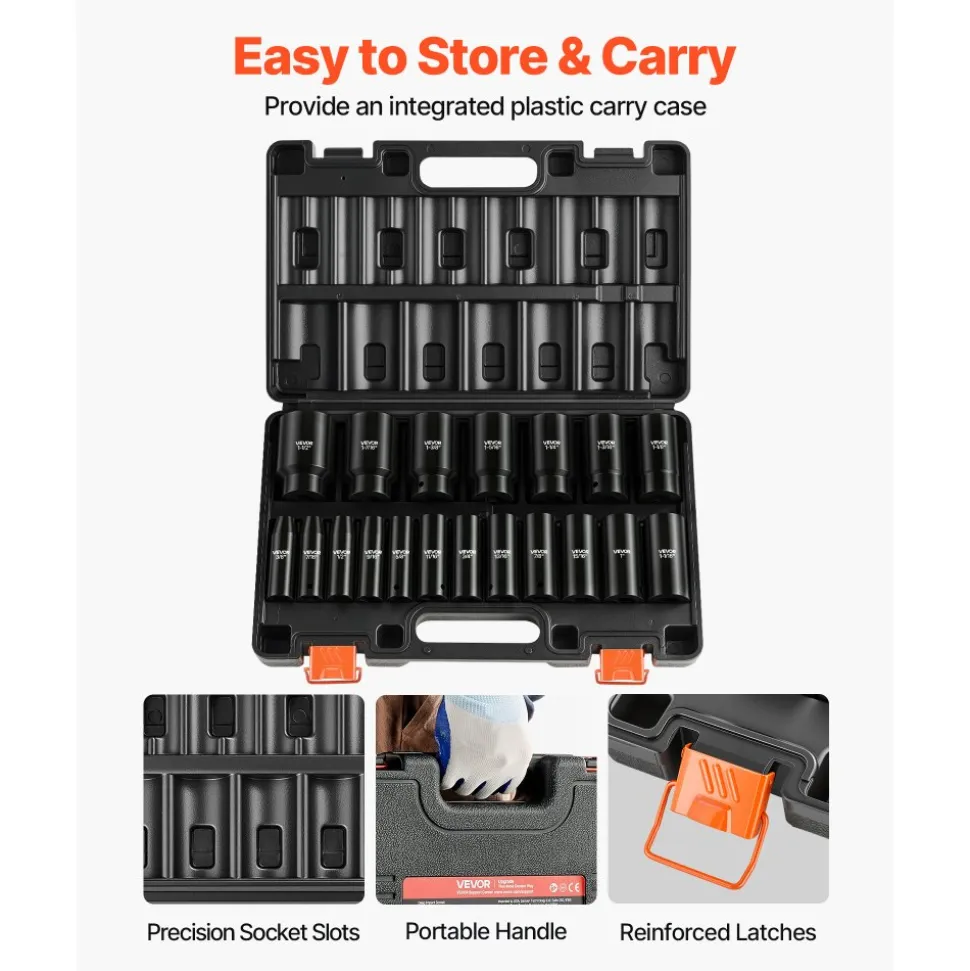 VEVOR Impact Socket Set, 1/2" 19 Piece Impact Sockets, Deep Socket, 6-Point Sockets, 1/2" Drive Set 3/8" to 1-1/2", Cr-V Rugged Construction, Easy to Identify, with a Sturdy Storage Case, for Vehicles