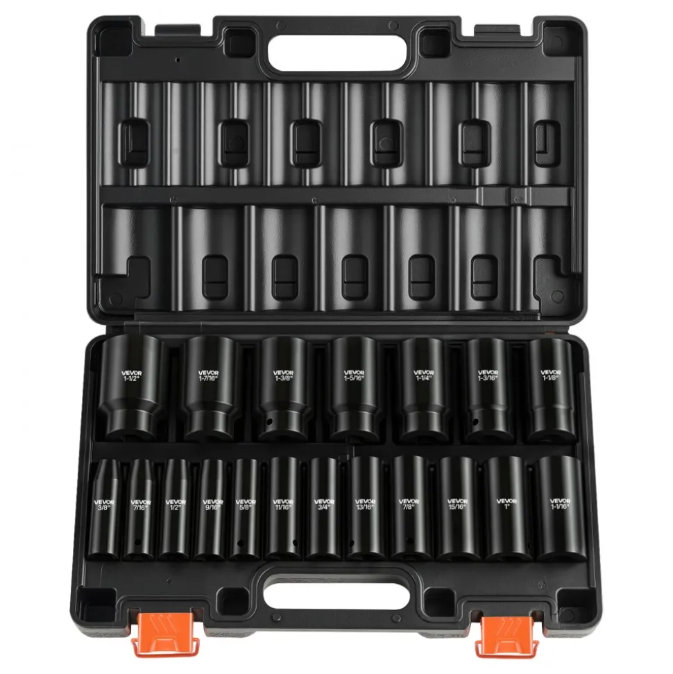 VEVOR Impact Socket Set, 1/2" 19 Piece Impact Sockets, Deep Socket, 6-Point Sockets, 1/2" Drive Set 3/8" to 1-1/2", Cr-V Rugged Construction, Easy to Identify, with a Sturdy Storage Case, for Vehicles