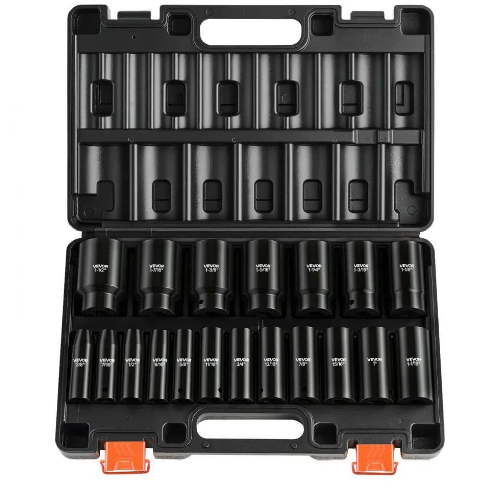 VEVOR Impact Socket Set, 1/2" 19 Piece Impact Sockets, Deep Socket, 6-Point Sockets, 1/2" Drive Set 3/8" to 1-1/2", Cr-V Rugged Construction, Easy to Identify, with a Sturdy Storage Case, for Vehicles