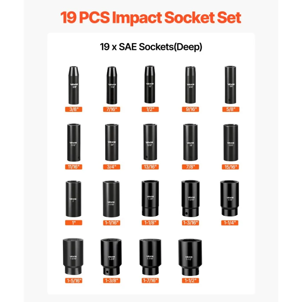 VEVOR Impact Socket Set, 1/2" 19 Piece Impact Sockets, Deep Socket, 6-Point Sockets, 1/2" Drive Set 3/8" to 1-1/2", Cr-V Rugged Construction, Easy to Identify, with a Sturdy Storage Case, for Vehicles