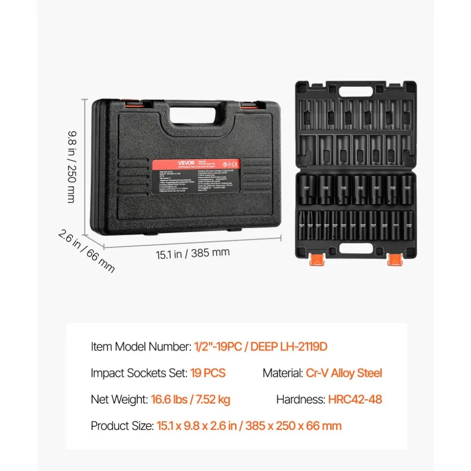 VEVOR Impact Socket Set, 1/2" 19 Piece Impact Sockets, Deep Socket, 6-Point Sockets, 1/2" Drive Set 3/8" to 1-1/2", Cr-V Rugged Construction, Easy to Identify, with a Sturdy Storage Case, for Vehicles