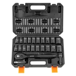 VEVOR Impact Socket Set with 1/2" Drive, Comprising 23 Pieces in SAE (7/16" -1") & Metric Measurements, 6 Point Cr-V Alloy Steel, Ideal for Car Maintenance, Includes Ratchet Handle and Durable Storage Case