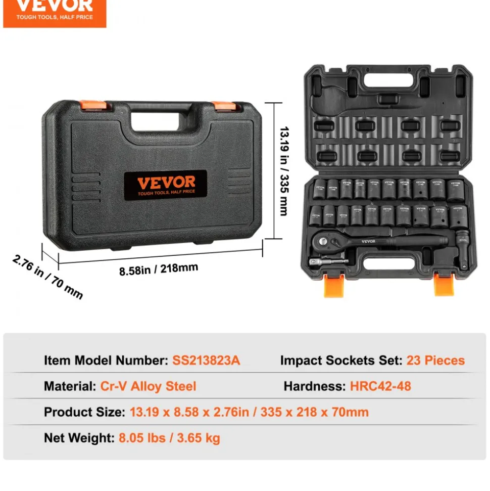 VEVOR Impact Socket Set with 1/2" Drive, Comprising 23 Pieces in SAE (7/16" -1") & Metric Measurements, 6 Point Cr-V Alloy Steel, Ideal for Car Maintenance, Includes Ratchet Handle and Durable Storage Case