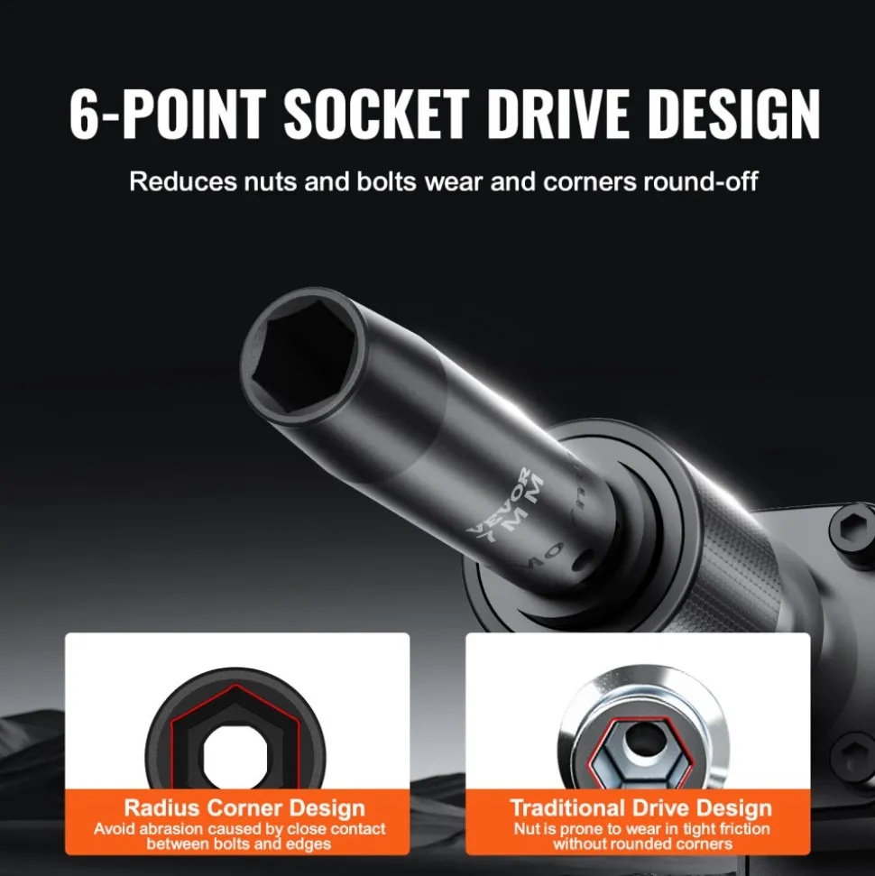 VEVOR Impact Socket Set with 1/2" Drive, Comprising 23 Pieces in SAE (7/16" -1") & Metric Measurements, 6 Point Cr-V Alloy Steel, Ideal for Car Maintenance, Includes Ratchet Handle and Durable Storage Case