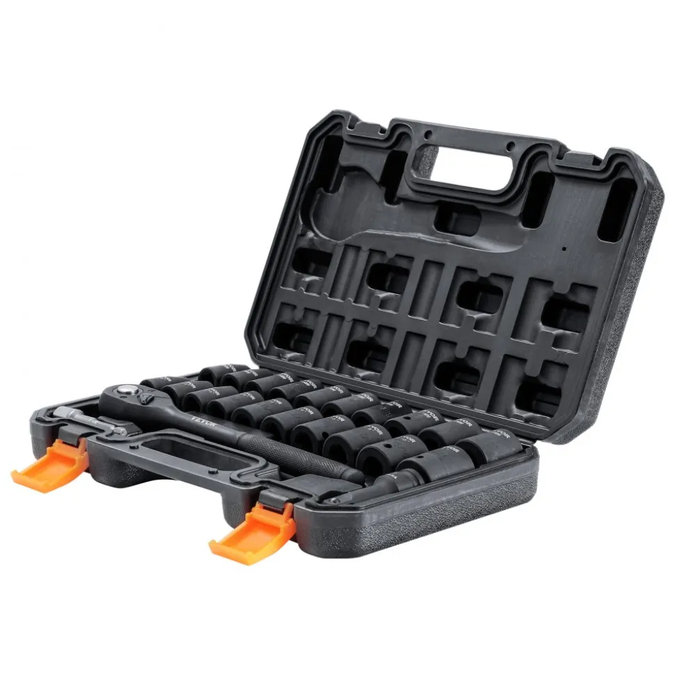 VEVOR Impact Socket Set with 1/2" Drive, Comprising 23 Pieces in SAE (7/16" -1") & Metric Measurements, 6 Point Cr-V Alloy Steel, Ideal for Car Maintenance, Includes Ratchet Handle and Durable Storage Case