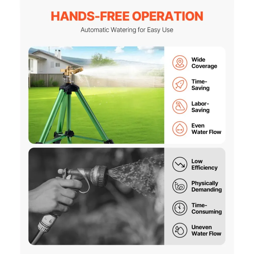 VEVOR Impact Sprinkler on Tripod Base, Heavy Duty Tripod Sprinklers with Brass Head & 3/4" Connector, 360 Degree Large Area Coverage Irrigation Sprinkler, Adjustable Heights Sprinkler for Yard Green