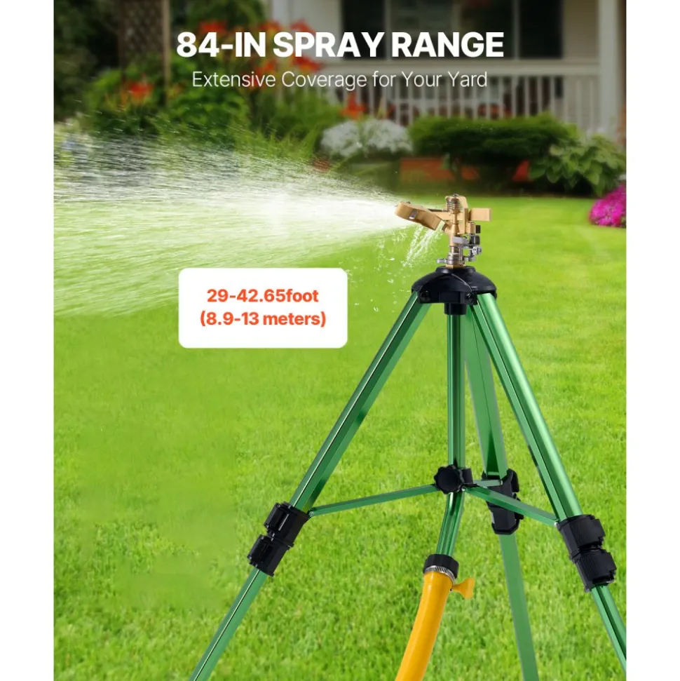 VEVOR Impact Sprinkler on Tripod Base, Heavy Duty Tripod Sprinklers with Brass Head & 3/4" Connector, 360 Degree Large Area Coverage Irrigation Sprinkler, Adjustable Heights Sprinkler for Yard Green