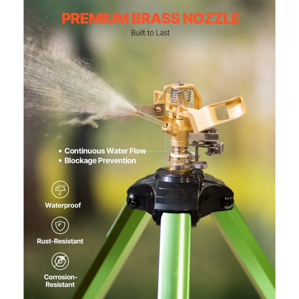 VEVOR Impact Sprinkler on Tripod Base, 2 Packs, Heavy Duty Tripod Sprinklers with Brass Head & 3/4"NH Connector, 360 Degree Large Area Irrigation Sprinkler, Adjustable Heights Sprinkler for Yard