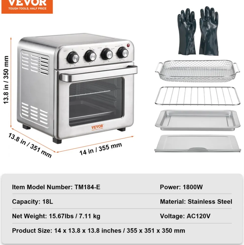 VEVOR 7-IN-1 Air Fryer Toaster Oven, 18L Convection Oven, 1700W Stainless Steel Toaster Ovens Countertop Combo with Grill, Pizza Pan, Gloves, 6 Slices Toast, 12-inch Pizza, Home and Commercial Use