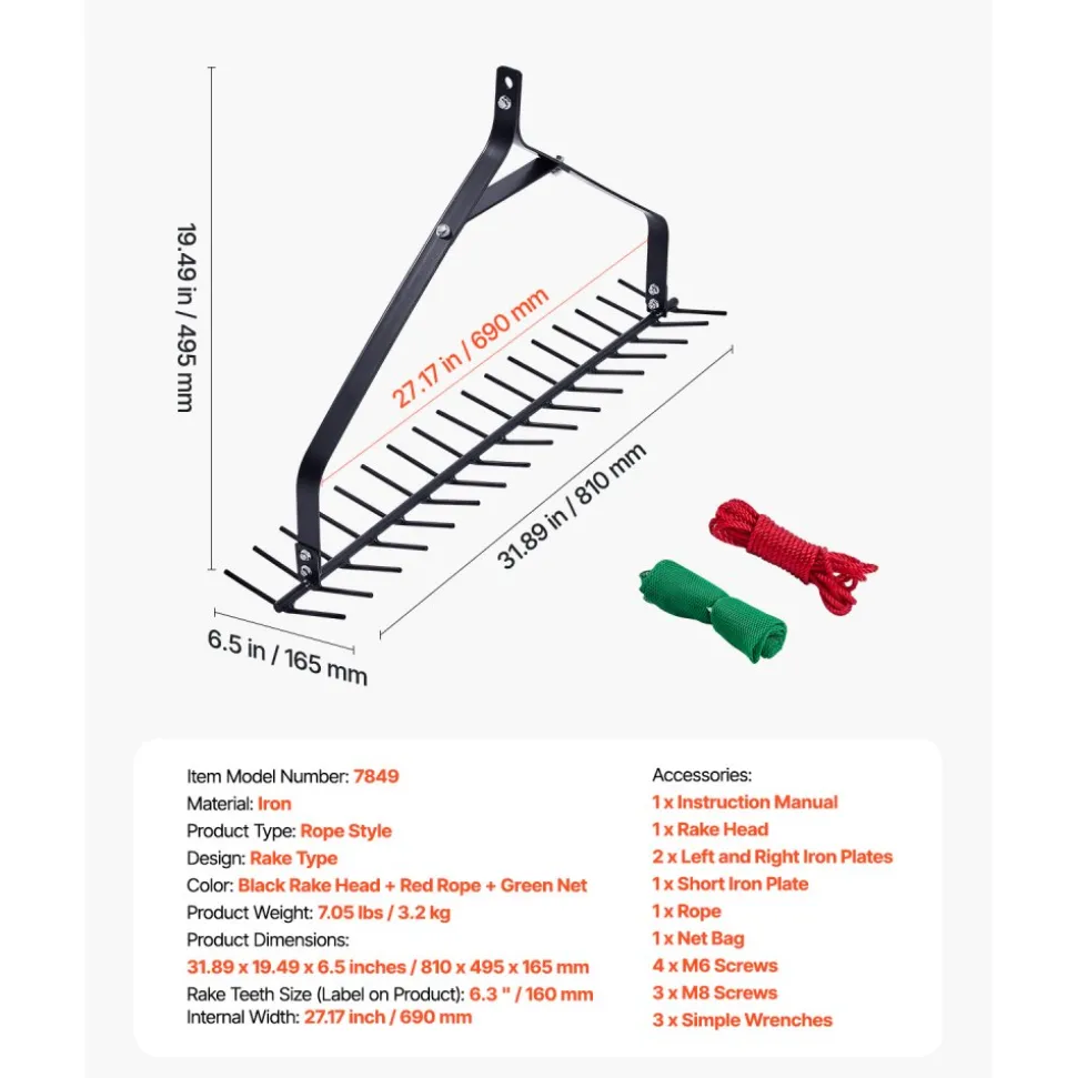 VEVOR 32 in Aquatic Weed Rake, 6.3 in Double Sided Lake Weed Rake, Lightweight Pond Weeds Cutter with 30ft Rope, No Assembly Required, Muck Lilypad Clearing Tool for Pond, Lake, Rivulet
