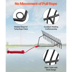 VEVOR 24 in Aquatic Weed Rake, 8.7 in Double Sided Lake Weed Rake, Pond Weeds Cutter with 30ft Rope, Tie Hole, No Assembly Required, Lightweight Muck Lilypad Clearing Tool for Pond, Lake, Rivulet
