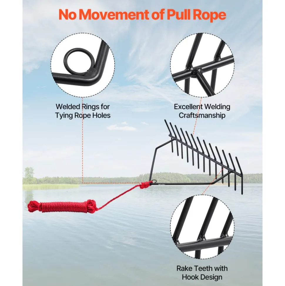 VEVOR 24 in Aquatic Weed Rake, 8.7 in Double Sided Lake Weed Rake, Pond Weeds Cutter with 30ft Rope, Tie Hole, No Assembly Required, Lightweight Muck Lilypad Clearing Tool for Pond, Lake, Rivulet