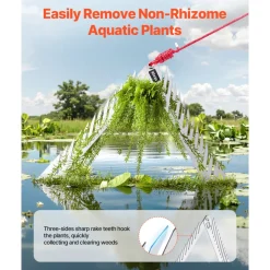 VEVOR 24in Aquatic Weed Rake, 3-Sided Lake Weed Rake with Handle, Portable and Foldable Pond Water Grass Razor, Stainless Steel Throwable Floating Pond Weeds Cutter with 30 ft Rope, for Lakes Ponds