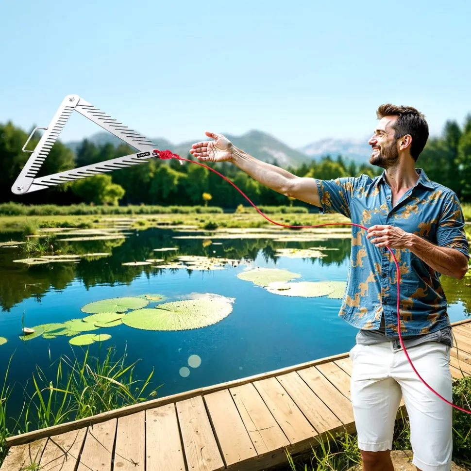 VEVOR 24in Aquatic Weed Rake, 3-Sided Lake Weed Rake with Handle, Portable and Foldable Pond Water Grass Razor, Stainless Steel Throwable Floating Pond Weeds Cutter with 30 ft Rope, for Lakes Ponds