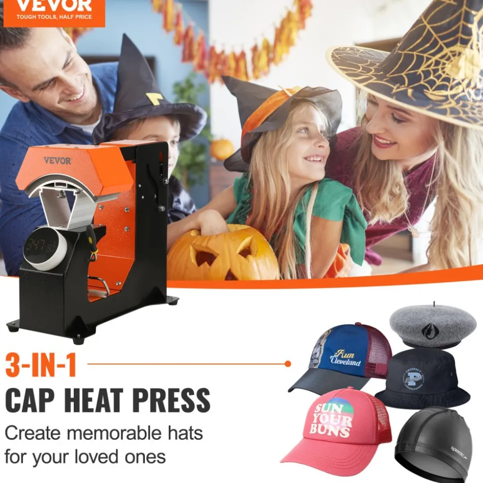 VEVOR 3-in-1 Auto Hat Heat Press with 3pcs Interchangeable Platens(6.6" x 2.7", 6.6" x 3.8", 6.1" x 3"), Automatic Release&Press Knob-Style Digital Control Panel Tested to UL Standards