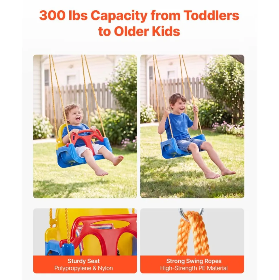 VEVOR 3-in-1 Baby Swing Seat 300 lbs Capacity Toddler Swing Red/Yellow/Blue, for Indoor & Outdoor Playground, with Adjustable Ropes and Snap Hooks, Snug & Secure Detachable Infants to Teens Kids Seat