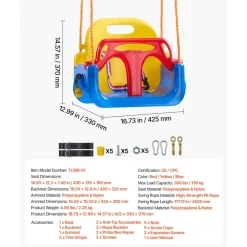 VEVOR 3-in-1 Baby Swing Seat 300 lbs Capacity Toddler Swing Red/Yellow/Blue, for Indoor & Outdoor Playground, with Adjustable Ropes and Snap Hooks, Snug & Secure Detachable Infants to Teens Kids Seat