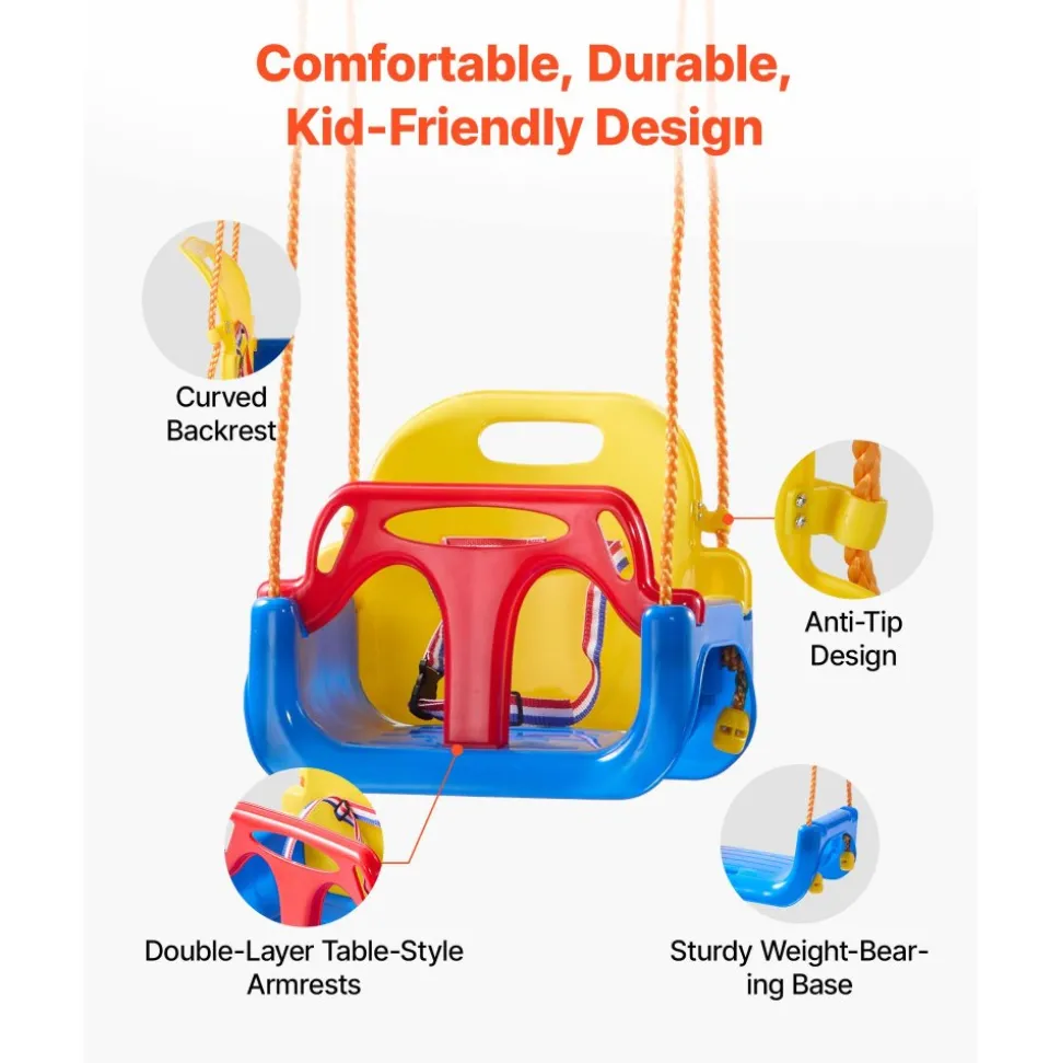 VEVOR 3-in-1 Baby Swing Seat 300 lbs Capacity Toddler Swing Red/Yellow/Blue, for Indoor & Outdoor Playground, with Adjustable Ropes and Snap Hooks, Snug & Secure Detachable Infants to Teens Kids Seat