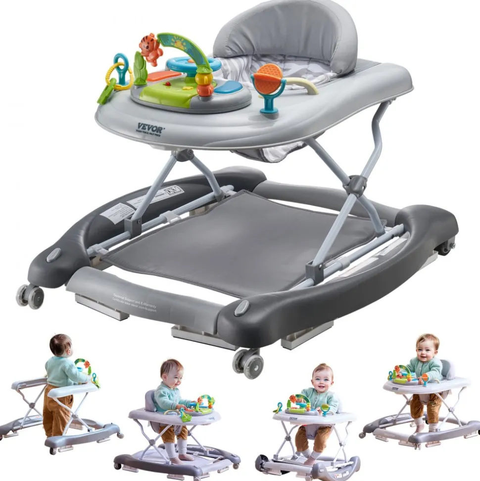 VEVOR 4-in-1 Baby Walker, Foldable Baby Activity Center on Wheels, 3 Adjustable Height, Music & Toys Tray, Learning-Seated | Walk-Behind | Rocker | Bouncer Toddler Walker for Girls Boys 6-24 Months