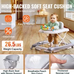 VEVOR 4-in-1 Baby Walker, Foldable Baby Activity Center on Wheels, 3 Adjustable Height, Music & Toys Tray, Learning-Seated | Walk-Behind | Rocker | Bouncer Toddler Walker for Girls Boys  6-24 Months