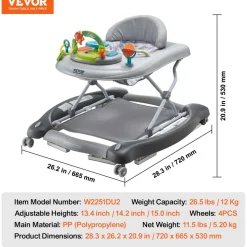 VEVOR 4-in-1 Baby Walker, Foldable Baby Activity Center on Wheels, 3 Adjustable Height, Music & Toys Tray, Learning-Seated | Walk-Behind | Rocker | Bouncer Toddler Walker for Girls Boys 6-24 Months