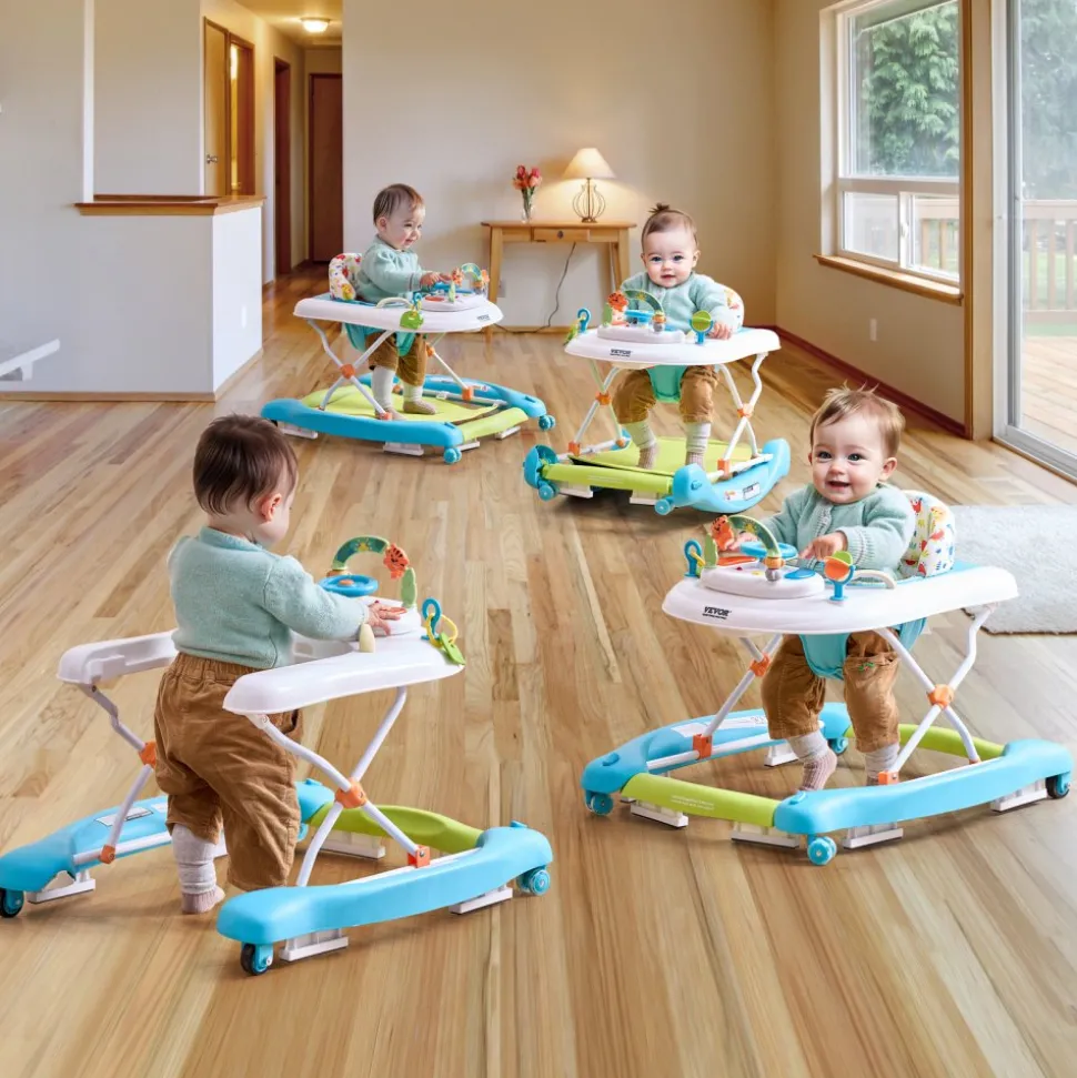 VEVOR 4-in-1 Baby Walker, Foldable Baby Activity Center on Wheels, 3 Adjustable Height, Music & Toys Tray, Learning-Seated | Walk-Behind | Rocker | Bouncer Toddler Walker for Girls Boys 6-24 Months