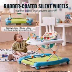 VEVOR 4-in-1 Baby Walker, Foldable Baby Activity Center on Wheels, 3 Adjustable Height, Music & Toys Tray, Learning-Seated | Walk-Behind | Rocker | Bouncer Toddler Walker for Girls Boys 6-24 Months