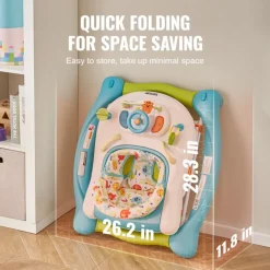 VEVOR 4-in-1 Baby Walker, Foldable Baby Activity Center on Wheels, 3 Adjustable Height, Music & Toys Tray, Learning-Seated | Walk-Behind | Rocker | Bouncer Toddler Walker for Girls Boys 6-24 Months