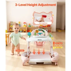 VEVOR 5-in-1 Baby Walker, Folding Baby Activity Center on Wheels, Height Adjustable Rocker Bouncer Walker with Comfortable High-Back Seat, Anti-Rollover Toddler Walking Helper for 6-24 Month Boy Girls